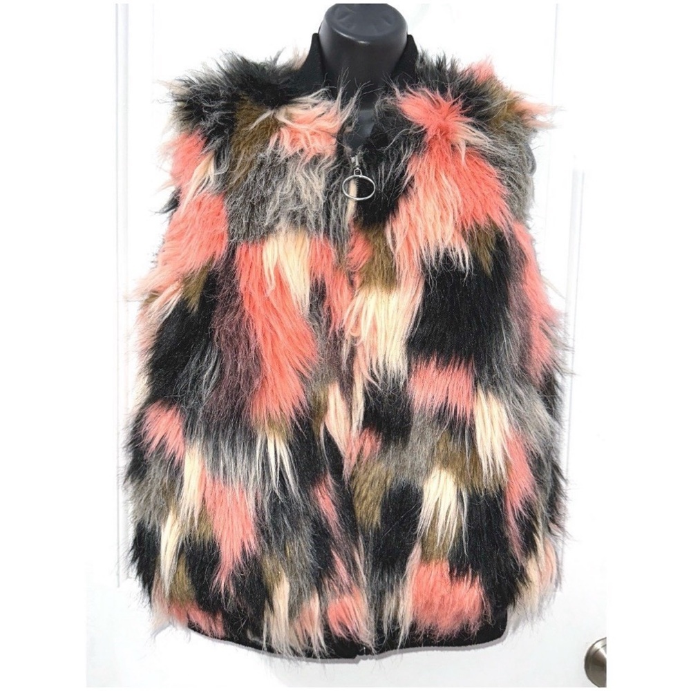 Thread & Supply Womens Black & Pink Faux Fur Vest Full Zip